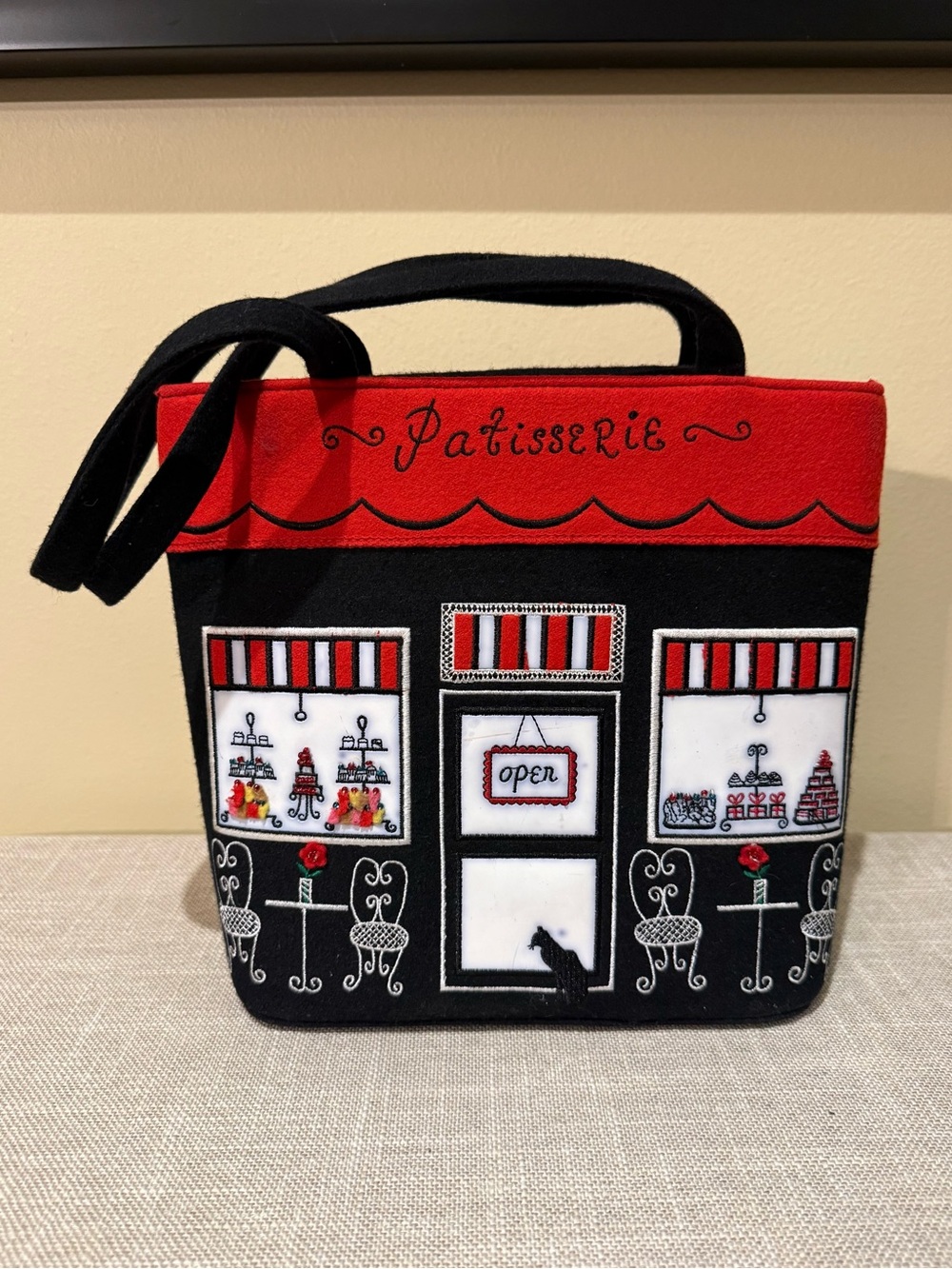 Patisserie Bakery Embroidered Tote Bag Black Red Top Handle Purse